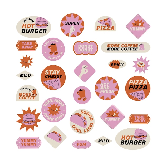 Vector set retro fastfood stickers kleurrijke patch badges voor junk food cafe