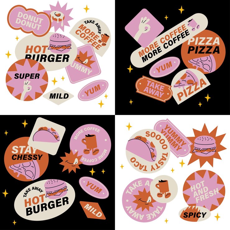 Vector set retro fastfood stickers Kleurrijke patch badges voor junk food cafe