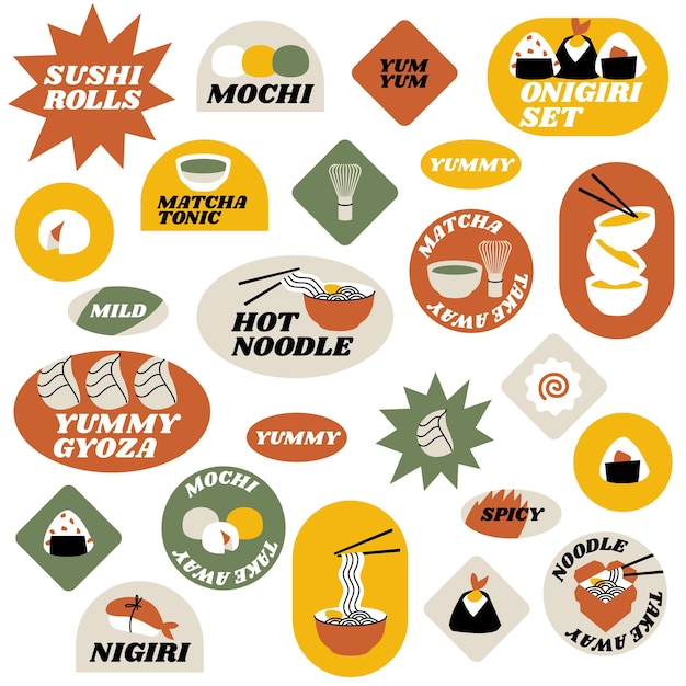 Vector set retro fastfood stickers voor aziatische café kleurrijke patch badges met japans eten