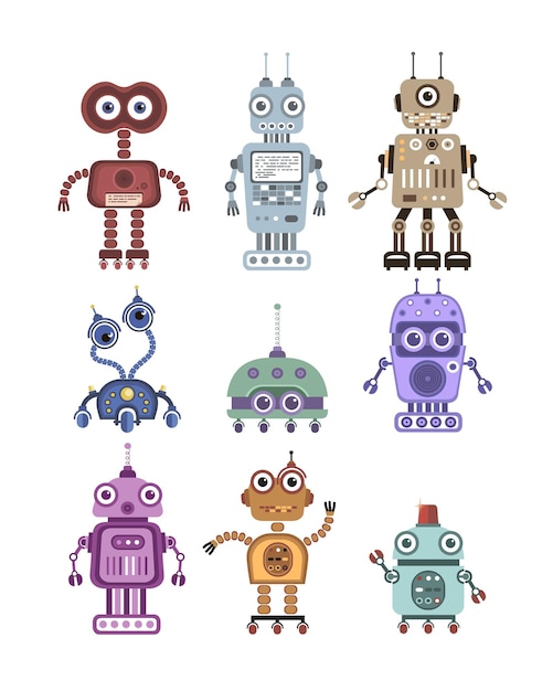 Vector set retro robots in vlakke stijl vintage schattige robots toy robots vector