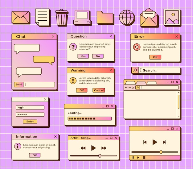 Vector set of retro vaporwave computer interface Gradient browser and dialog window templates Nostalgic OS Retro icons