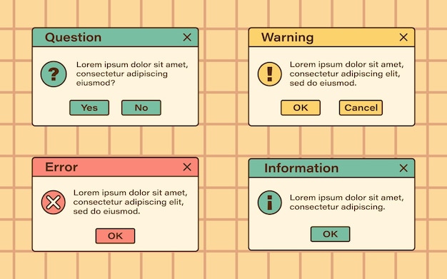 Vector set of retro vaporwave modal windows vintage error information warning and question dialog windows nostalgic ui retro computer interface