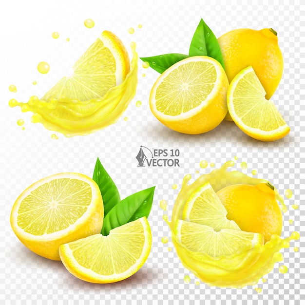 Vector vector set of ripe lemons realistic transparent splash of fresh juice 3d isolated food illustration