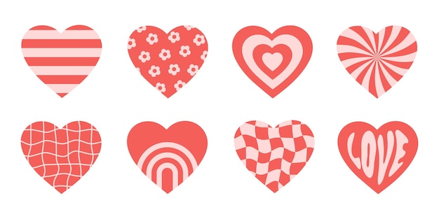 Vector set romantische pictogrammen harten in roze en rode kleuren. Retro achtergrond in groovy stijl jaren '70, '80.