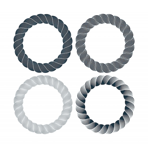 Vector set of round black monochrome rope frame. collection of thick and thin circles isolated