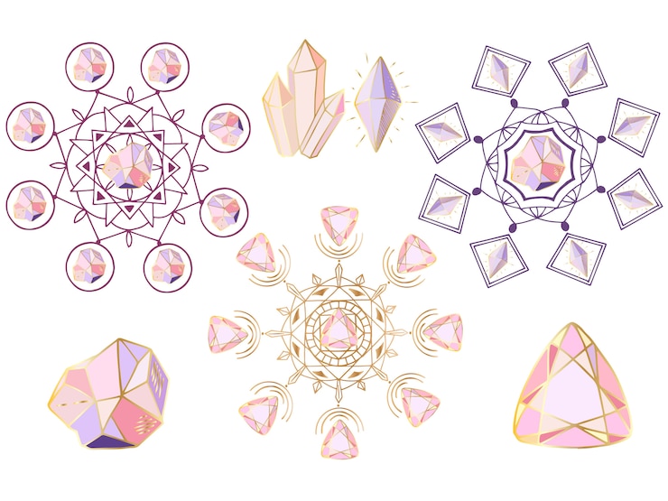 Vector vector set of round mandalas, crystals and gems