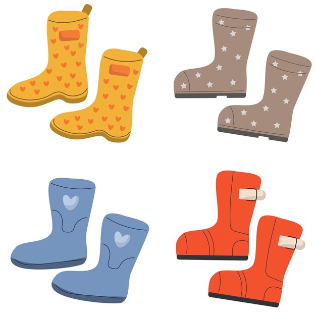 Vector vector set of rubber boots different shapes and colors isolated on a white background