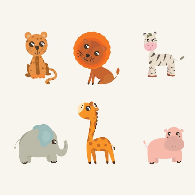 Vector set di animali di safari. cute ippopotamo, elefante, giraffa, zebra, leone, leopardo in stile cartone animato.