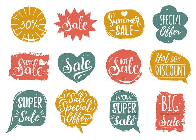 Vector set of Sale lettering in comic speech bubbles Discount cards collection of Special Offer etc Hand drawn illustrations of labels and logos