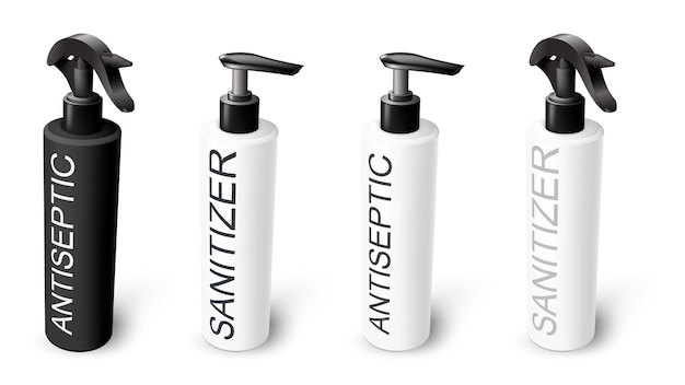 Vector vector set of sanitizer antiseptic gel and spray dispensers - black and white isolated bottles