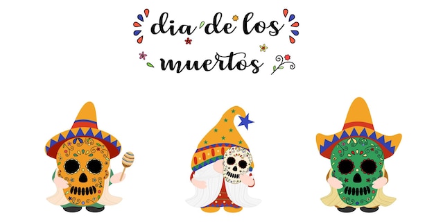 Vector set schattige kabouter die schedelmasker draagt en vasthoudt dia de los muertos dag van de dood van mexicanen