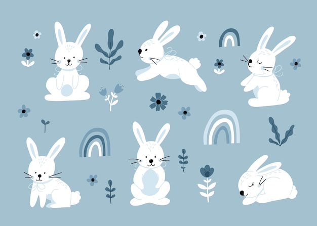Vector set schattige konijnen in cartoon stijl Bunny huisdier silhouet in verschillende poses Haas en konijn kleurrijke illustratie voor kinderboek ansichtkaarten en posters