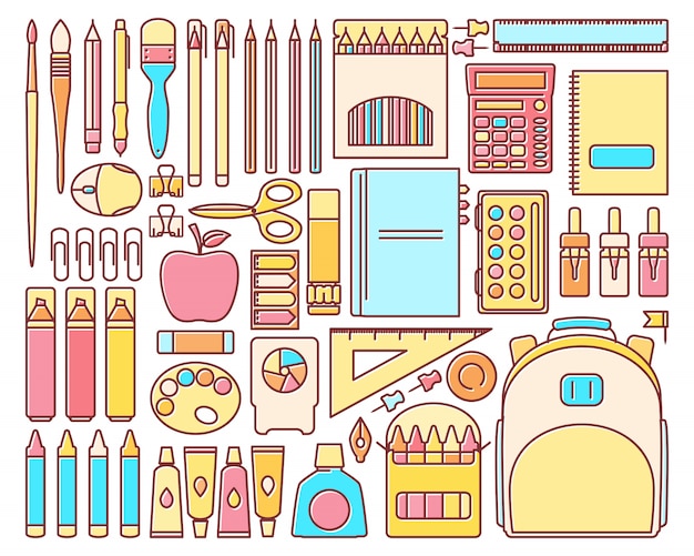 Vector set of school supplies in modern flat linear style