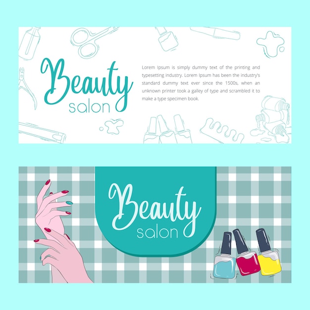 Vector set schoonheidssalon reclame banner sjablonen. Voorraad illustratie. Nagelsalon. Visitekaartjes.