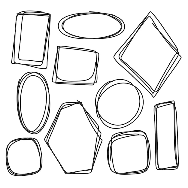 Vector set of scribble doodle frames Geometric shapes oval square circle rectangle hexagon