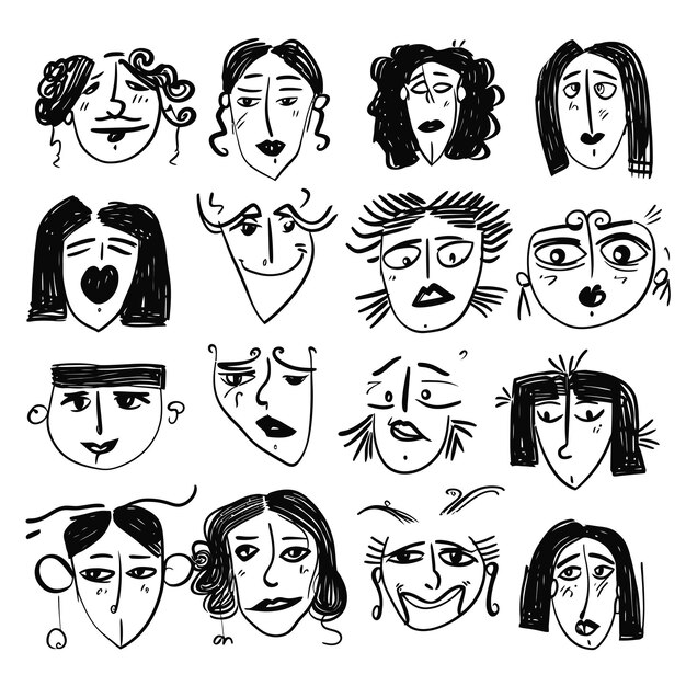 vector set scribbles pencil hand drawn face emotion