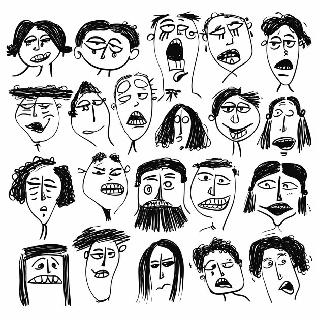 vector set scribbles pencil hand drawn face emotion