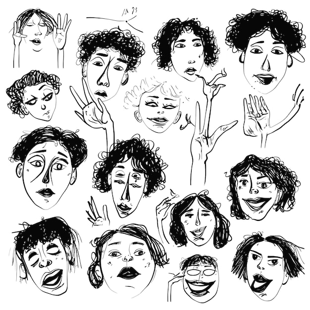 vector set scribbles pencil hand drawn face emotion