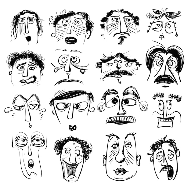 Vector set scribbles pencil hand drawn face emotion