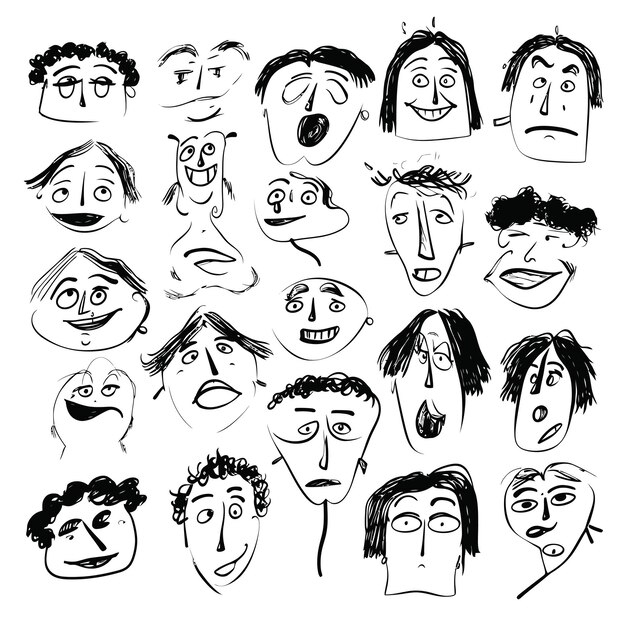 Вектор Векторный набор надписей карандашом, нарисованный рукой, эмоции лица