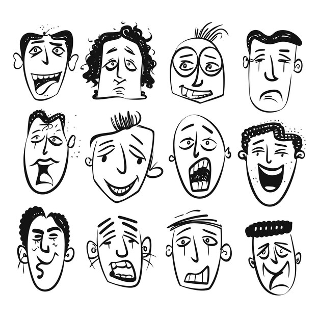 Vector set scribbles pencil hand drawn face emotion