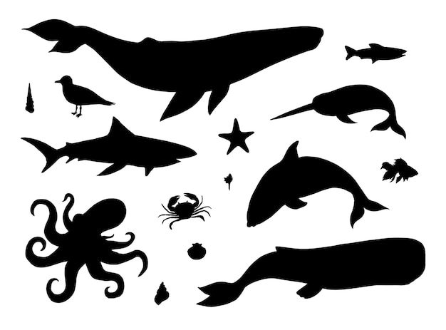 Vector set of sea animals and fish silhouette