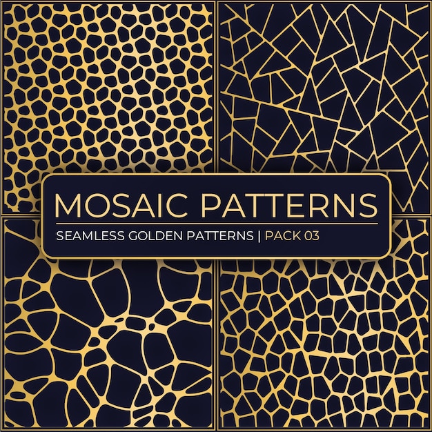 Vector set of Seamless Golden mosaic patterns  isolated on Dark Blue