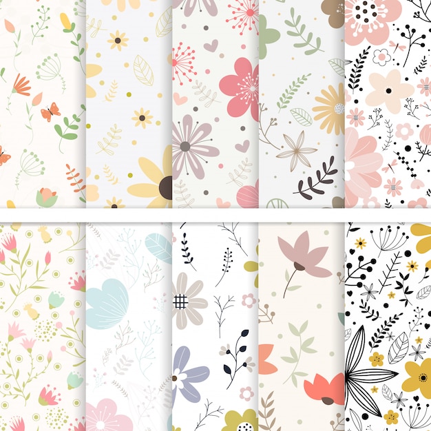 Set vettoriale di fiori seamless patterns.