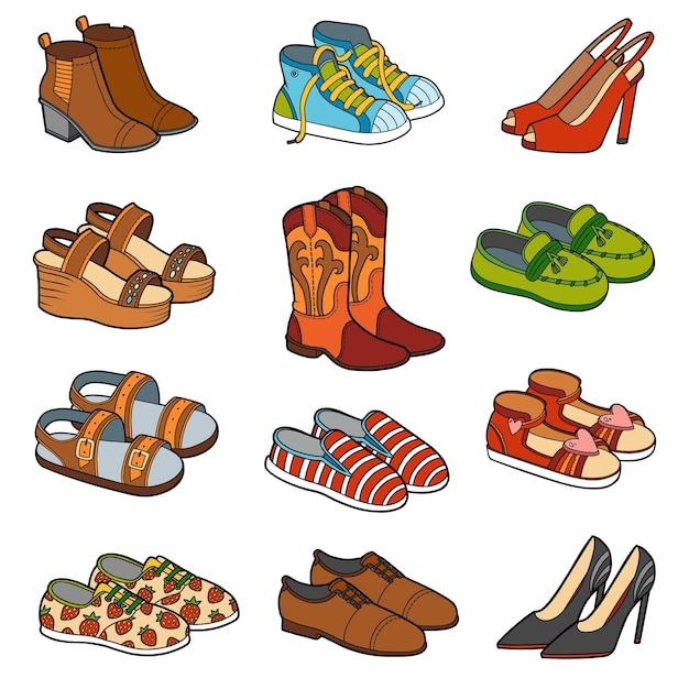 Vector vector set of shoes collection of cartoon clothes and accessories