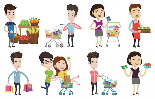 Vector set of shopping people characters.