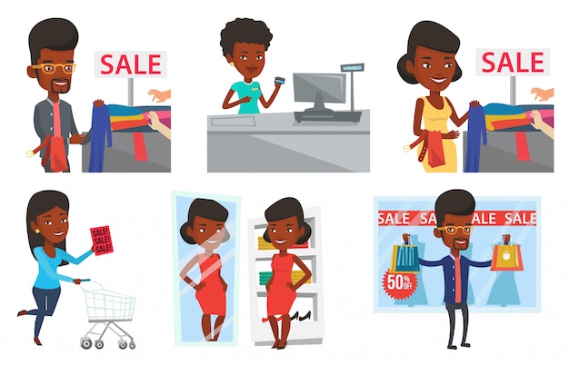 Vector set of shopping people characters.