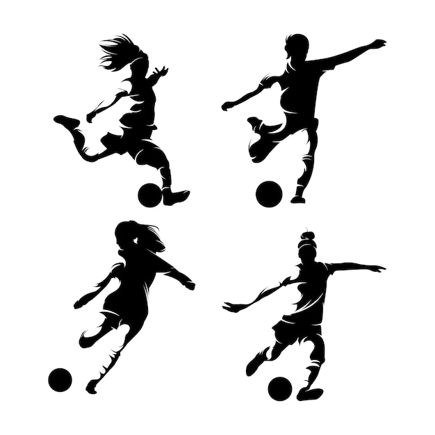 Vector set silhouetten van vrouwelijke voetballers die de bal schoppen