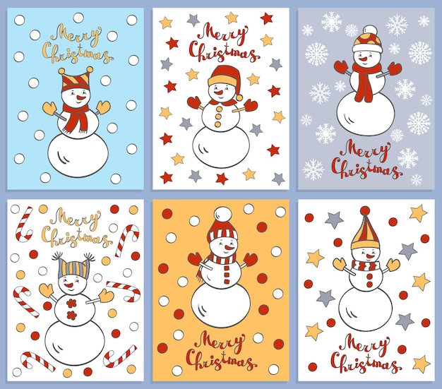 Vector set of six Christmas winter greeting cards with cute funny cartoon snowmen