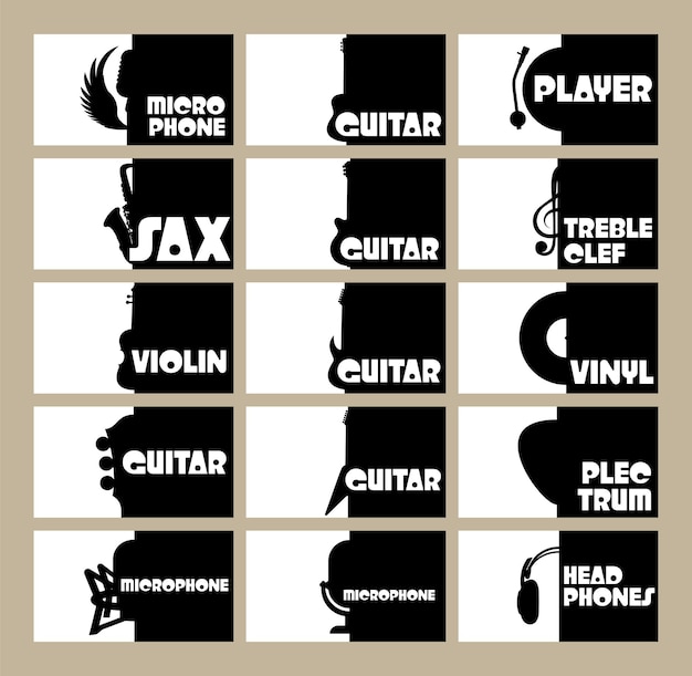 Vector set sjabloon voor visitekaartjes op het thema van muziekinstrumenten radio disco