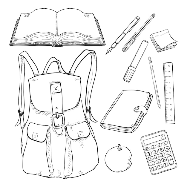 Vector Set of Sketch Backpack and School Supplies