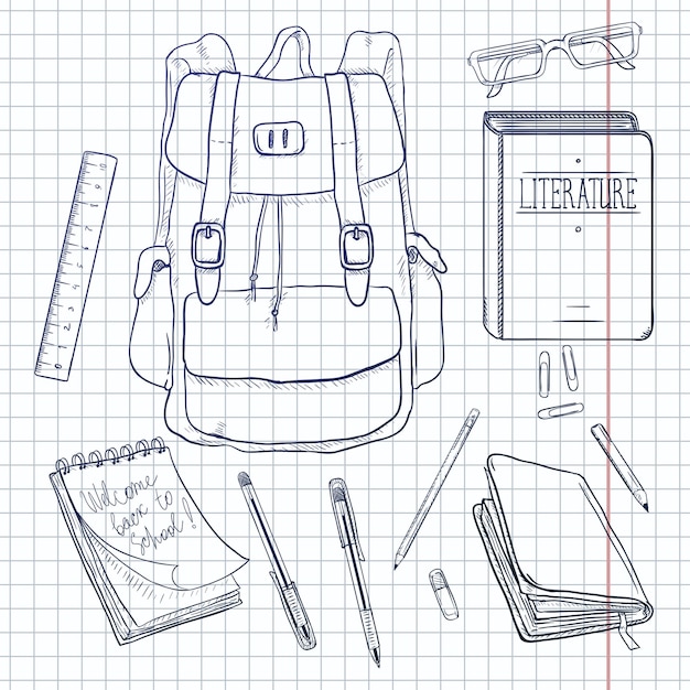 Vector Set of Sketch Backpack and School Supplies