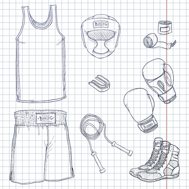 Vector vector set of sketch boxing equipment