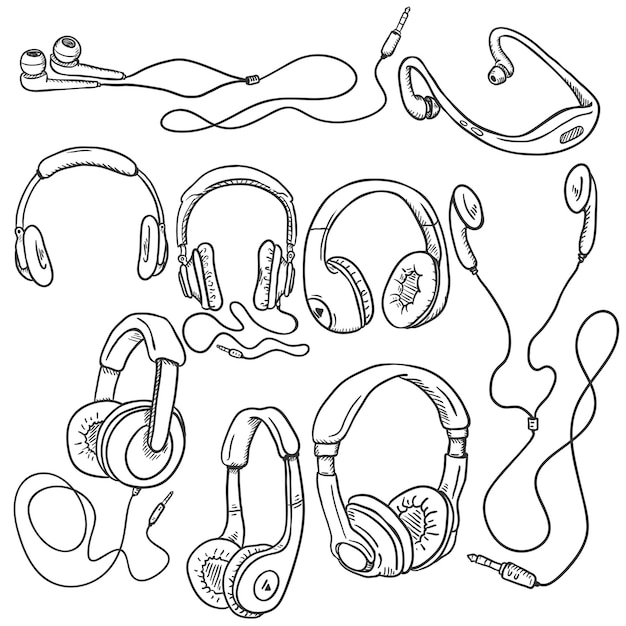 Vector set of sketch circumaural headphones