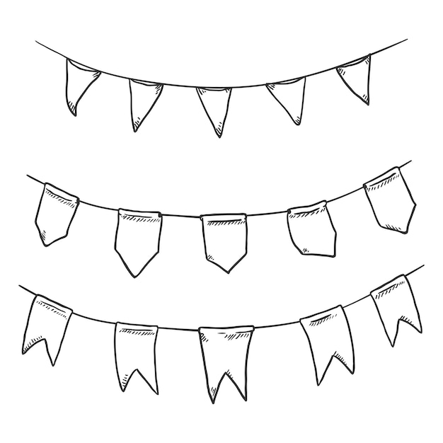 Vector Set of Sketch Hand Made Flags on the Ropes