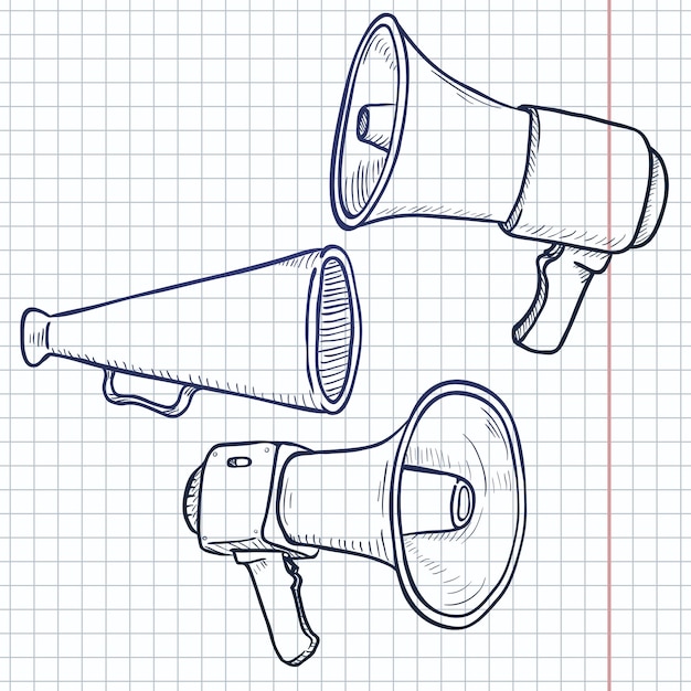 Vector Set of Sketch Megaphones and Loudspeakers on Checkered Background