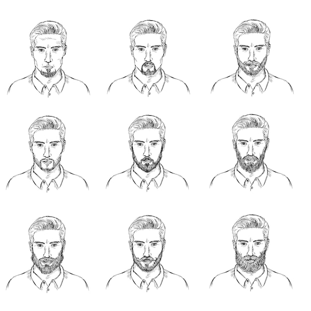 Vector Set of Sketch Mens Faces with Beards