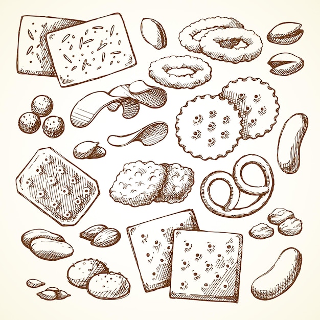 Vector set sketch snack food Hand drawn illustrations on white background