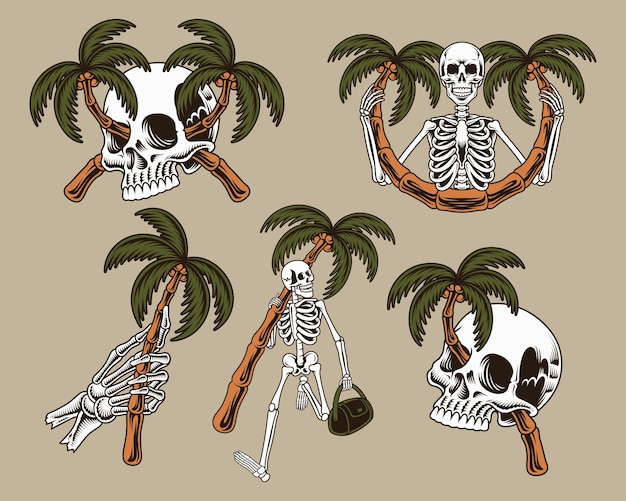 Vector vector set of skull and coconut tree