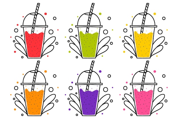 Vector set of smoothie glasses Doodle style Smoothies in different colors Vector illustration