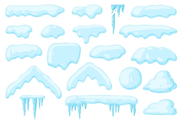 Векторный набор снежных шапок, куч, сосулек, снежков и сугробов. Сезонные элементы зимы.