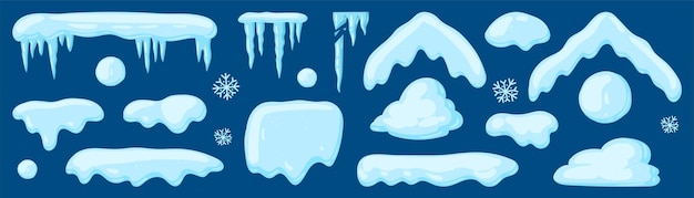 Vector set of snow caps heaps icicles snowball and snowdrifts seasonal elements winter