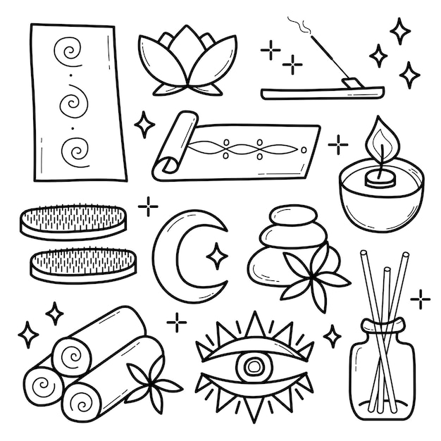Vector vector set of spa and yoga icons sketch or doodle style on white