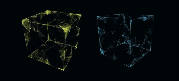 Vector set space cube Network connection structure cyberspace with moving particles in closed room Big data visualization Abstract cyber security background