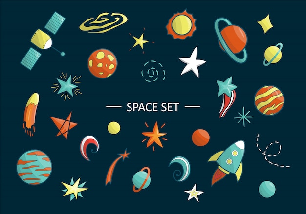 Vector set of space objects. Illustration of space clip art. Bright planet, rocket, star, ufo, galaxy, moon, spaceship, sun in cartoon style