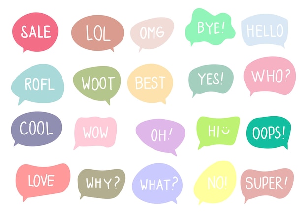 Vector set of speech bubbles with short phrases sale lol omg bye hello rofl woot best yes